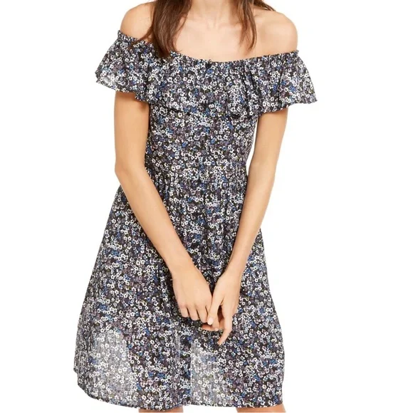michael kors off shoulder dress Michael Kors Floral Cady Portrait Neck Dress